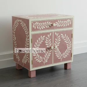 Handcrafted Bone Inlay Bedside Table – Pink & White Floral Pattern