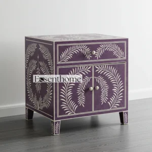 “Purple & White Bone Inlay Nightstand – Handcrafted Artisan Bedside Table”