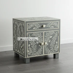 Handcrafted Bone Inlay Nightstand - Gray & White Floral Design