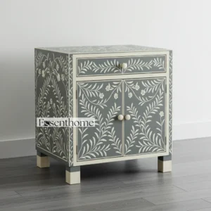Bone Inlay Bedside Nightstand - Gray & White Floral Design