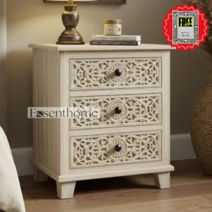 Essenthome Handmade Wooden 3-Drawer Bedside Cabinet – Vintage Nightstand with Floral Motif