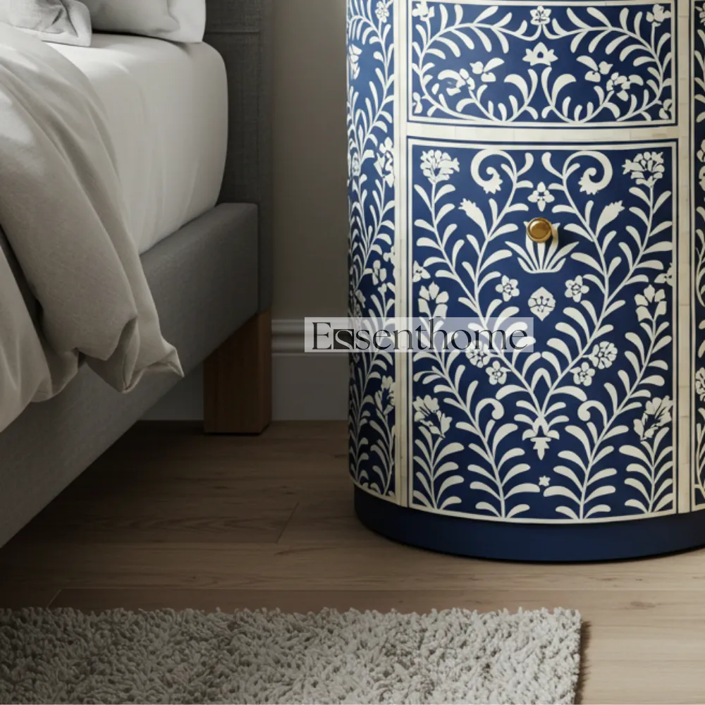 Bone inlay bedside table - Blue & White Floral - Image 5