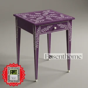 Bone Inlay Stool with Drawer - Purple & White Floral Design