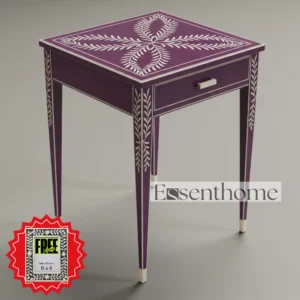 Handcrafted Floral Bone Inlay Stool with Drawer - Purple & White