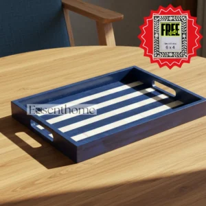Blue & White Bone Inlay Serving Tray with Handles