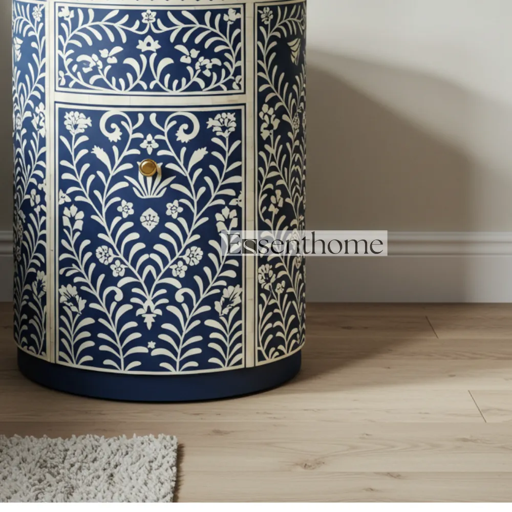 Bone inlay bedside table - Blue & White Floral - Image 6