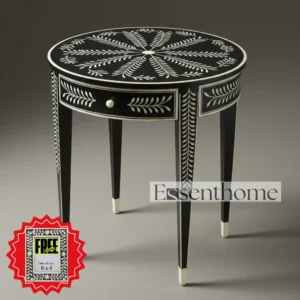 Handcrafted Round Bone Inlay Stool - Black & White Floral Design