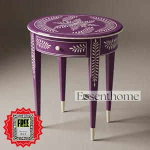 Round Bone Inlay Side Table with Drawer – Purple & White Floral