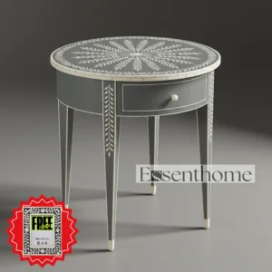 Black & White Bone Inlay Stool – Handcrafted Round Accent Table