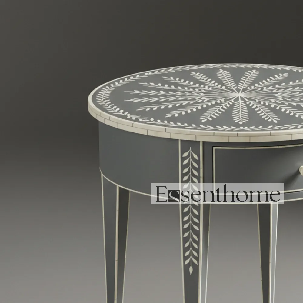 Black & White Bone Inlay Stool – Handcrafted Round Accent Table - Image 3