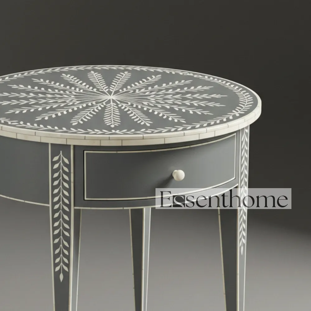 Black & White Bone Inlay Stool – Handcrafted Round Accent Table - Image 4