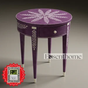 Purple & White Bone Inlay Side Table with Drawer – Handcrafted