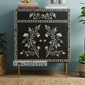 Luxury Black Bone Inlay Sideboard – Handmade Floral Cabinet with Drawer & Doors