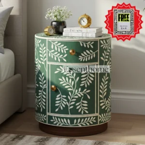 Green Bone Inlay Round Bedside Table