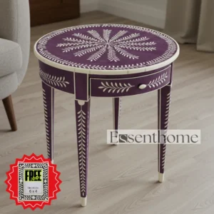 Purple Bone Inlay Side Table with Drawer – Floral Round Design