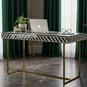Bone Inlay Desk with Drawers with Gold Metal Legs