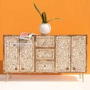 Handcrafted Bone Inlay Floral Sideboard / Console with Brass Legs