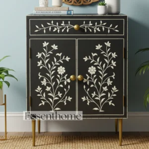 Handmade Black Bone Inlay Storage Cabinet ? Elegant Floral Console with Gold Legs