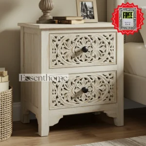 Essenthome Hand-Carved Wooden 2-Drawer Nightstand – Vintage Bedside Cabinet