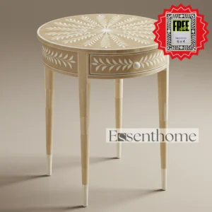 Handcrafted Cream Bone Inlay Stool with Floral Pattern & Storage