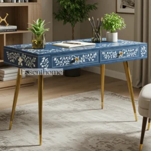 Bone Inlay Study Desk with Gold Metal Legs (Blue)