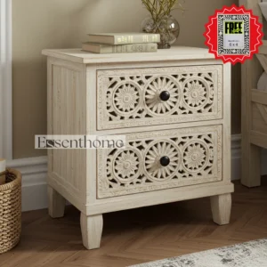 Essenthome Rustic Wooden 2-Drawer Nightstand – Handmade Carved Bedside Cabinet