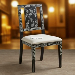 Floral Bone Inlay Dining Chair Black Base with White Leaf
