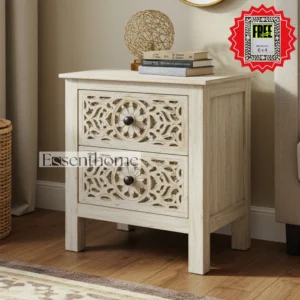 Handcrafted Wooden Nightstand 2-Drawer Carved Bedside Cabinet