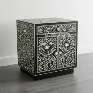 Black & White Bone Inlay Nightstand – Floral Bedside Furniture