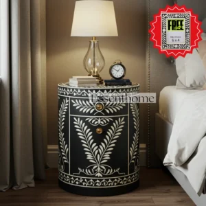 Round bone inlay bedside table