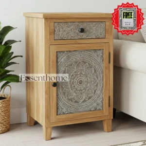 Essenthome Rustic Wooden Nightstand – 1 Drawer & 1 Door