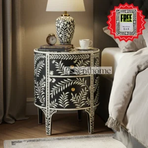 Unique Black Floral Bone Inlay Nightstand