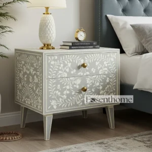 Essenthome Bone Inlay Nightstand-Floral Bedside Table