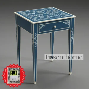 Bone Inlay Stool with Drawer - Blue & White