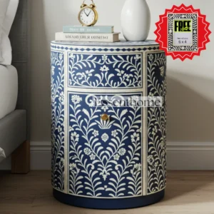 Bone inlay bedside table - Blue & White Floral