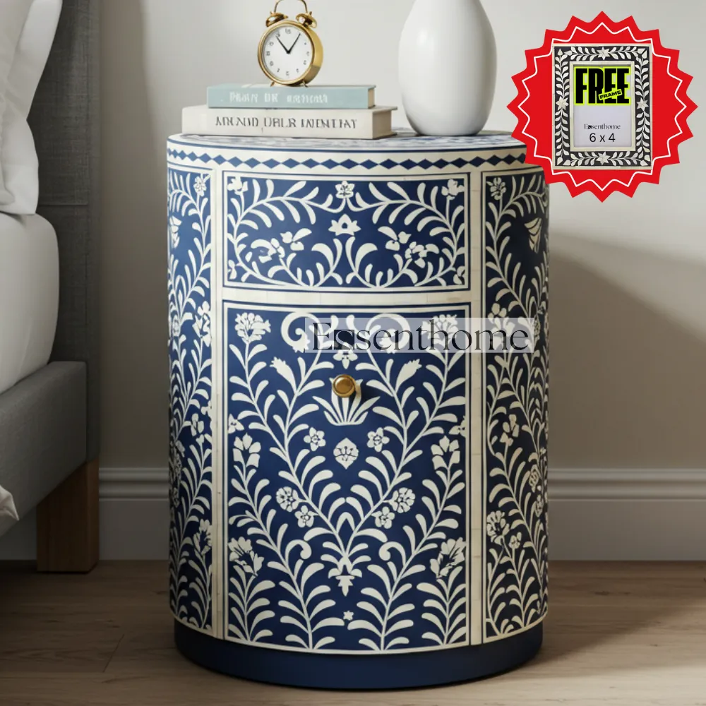 Bone inlay bedside table - Blue & White Floral