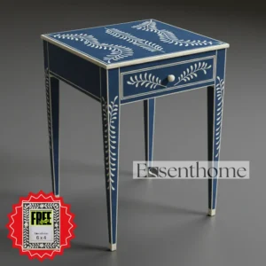 Bone Inlay Side Stool with Drawer - Blue & White
