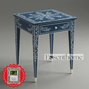 Bone Inlay Stool for Living Room with Drawer - Blue & White