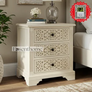 Essenthome Vintage Wooden 3-Drawer Nightstand – Handmade Carved Bedside Table