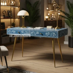 Bone Inlay Office Desk with Gold Metal Legs (Blue)
