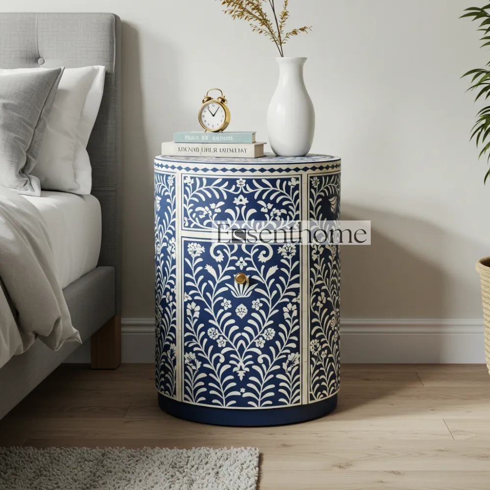 Bone inlay bedside table - Blue & White Floral - Image 2