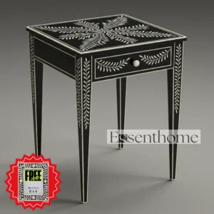 Black & White Bone Inlay Stool with Drawer – Handcrafted
