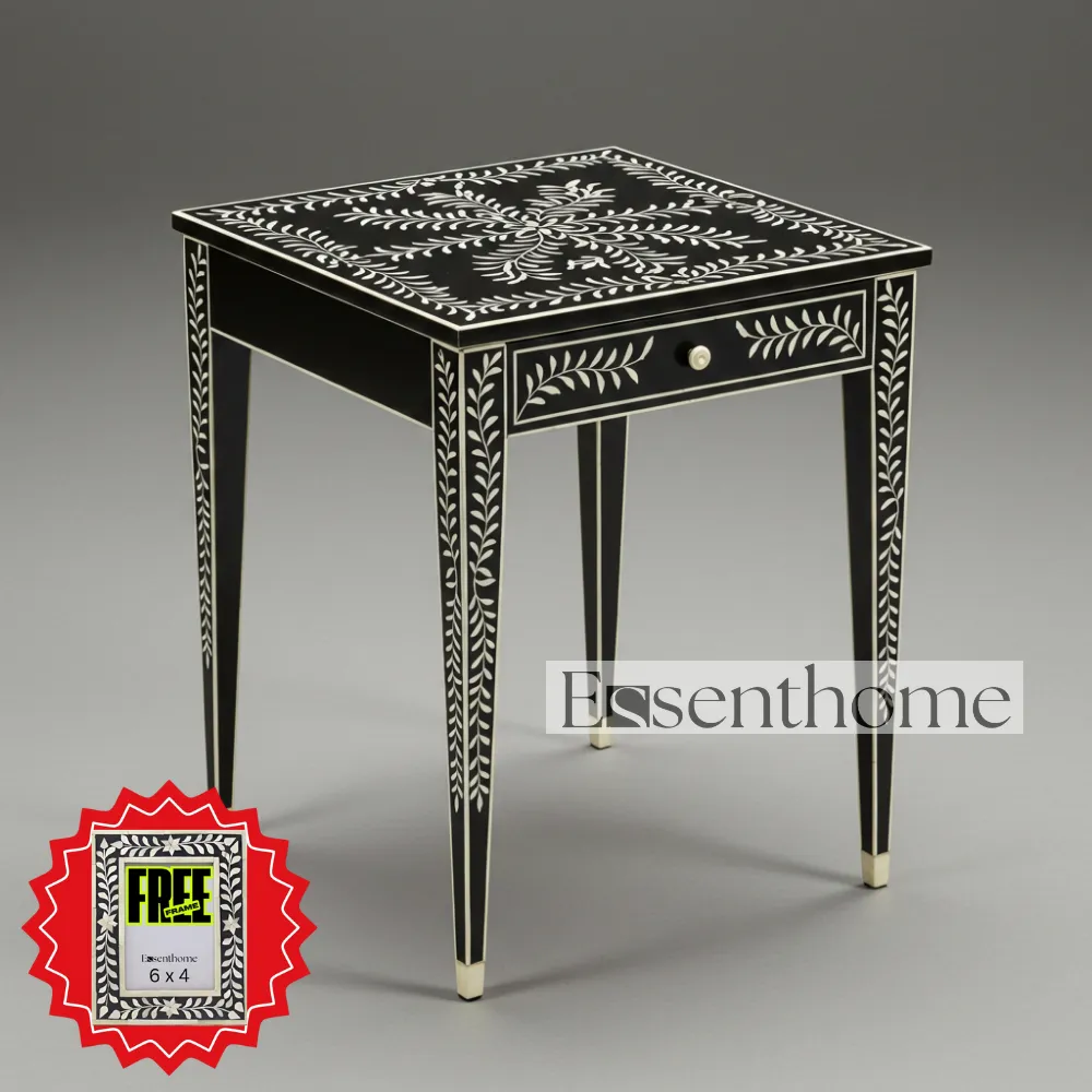 Black & White Bone Inlay Stool with Drawer – Handcrafted