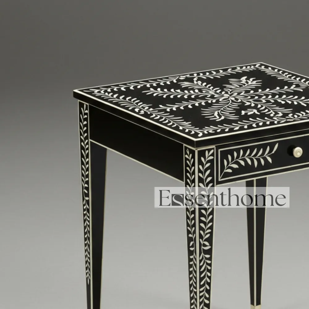 Black & White Bone Inlay Stool with Drawer – Handcrafted - Image 2