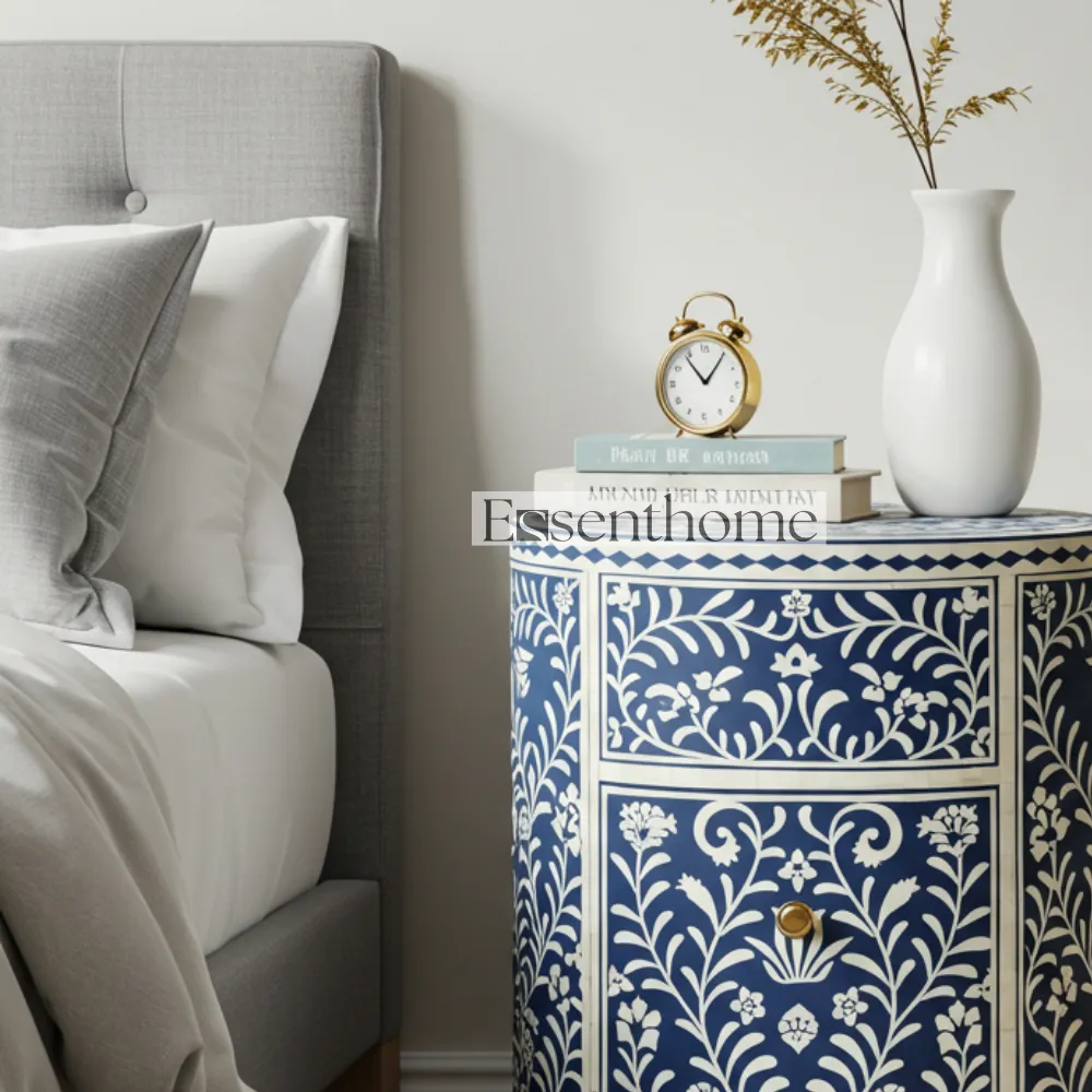Bone inlay bedside table - Blue & White Floral - Image 3