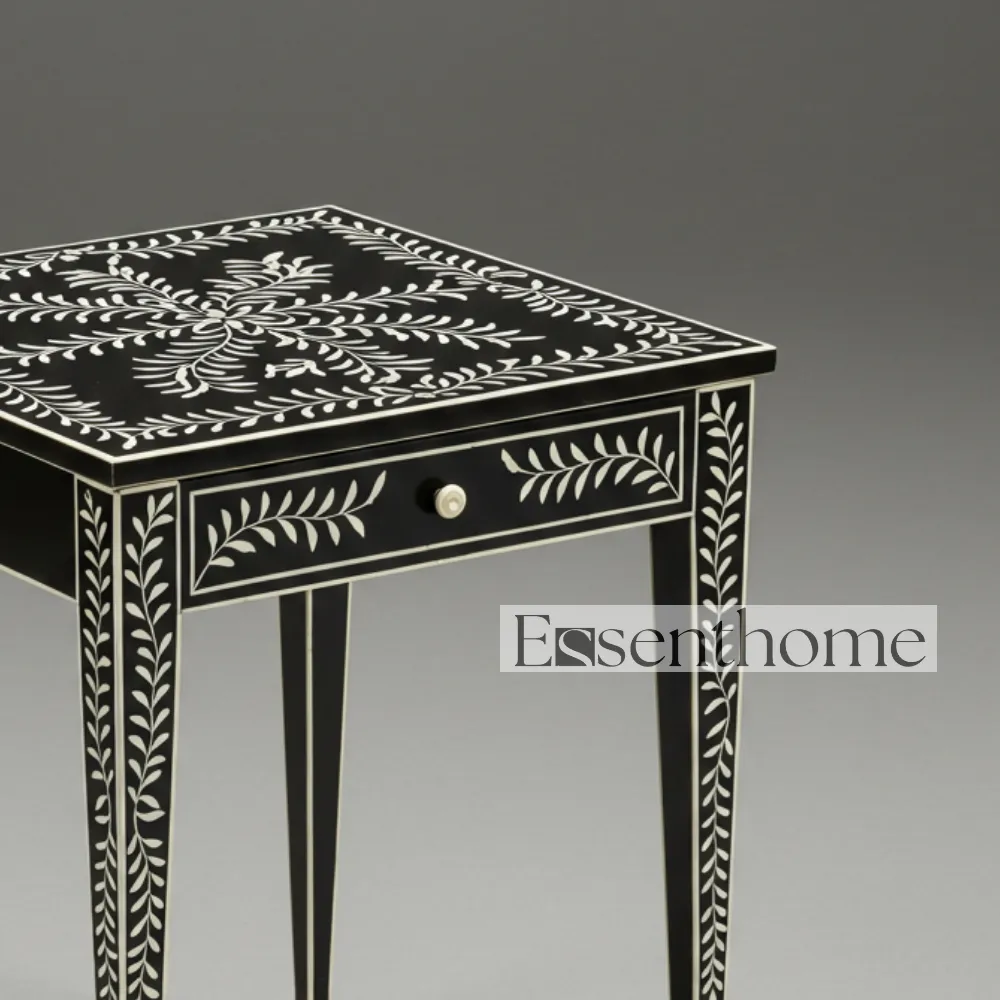 Black & White Bone Inlay Stool with Drawer – Handcrafted - Image 3