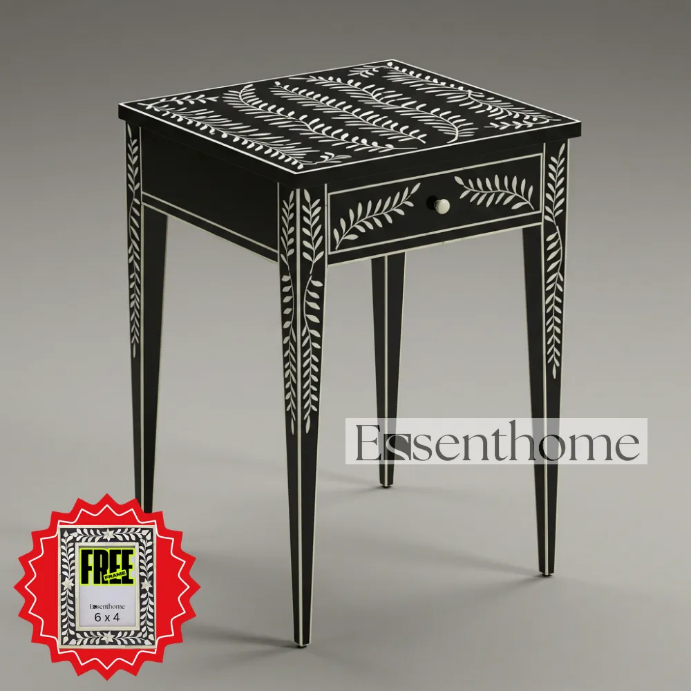 Black & White Bone Inlay Stool with Drawer – Handcrafted