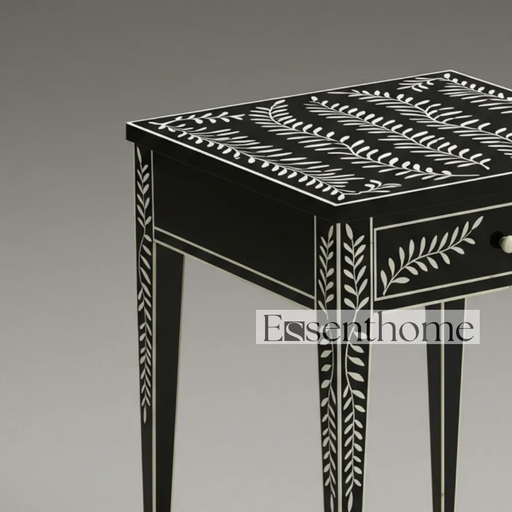 Black & White Bone Inlay Stool with Drawer – Handcrafted - Image 2