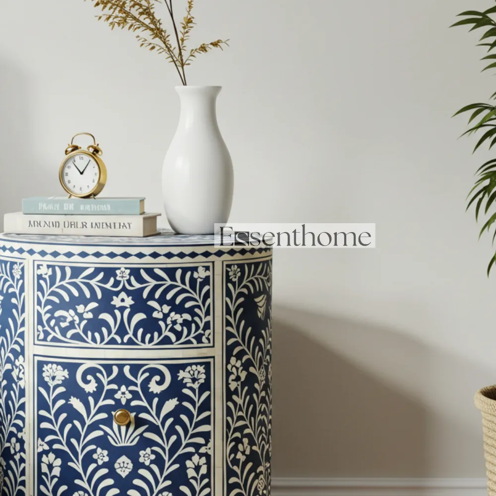 Bone inlay bedside table - Blue & White Floral - Image 4