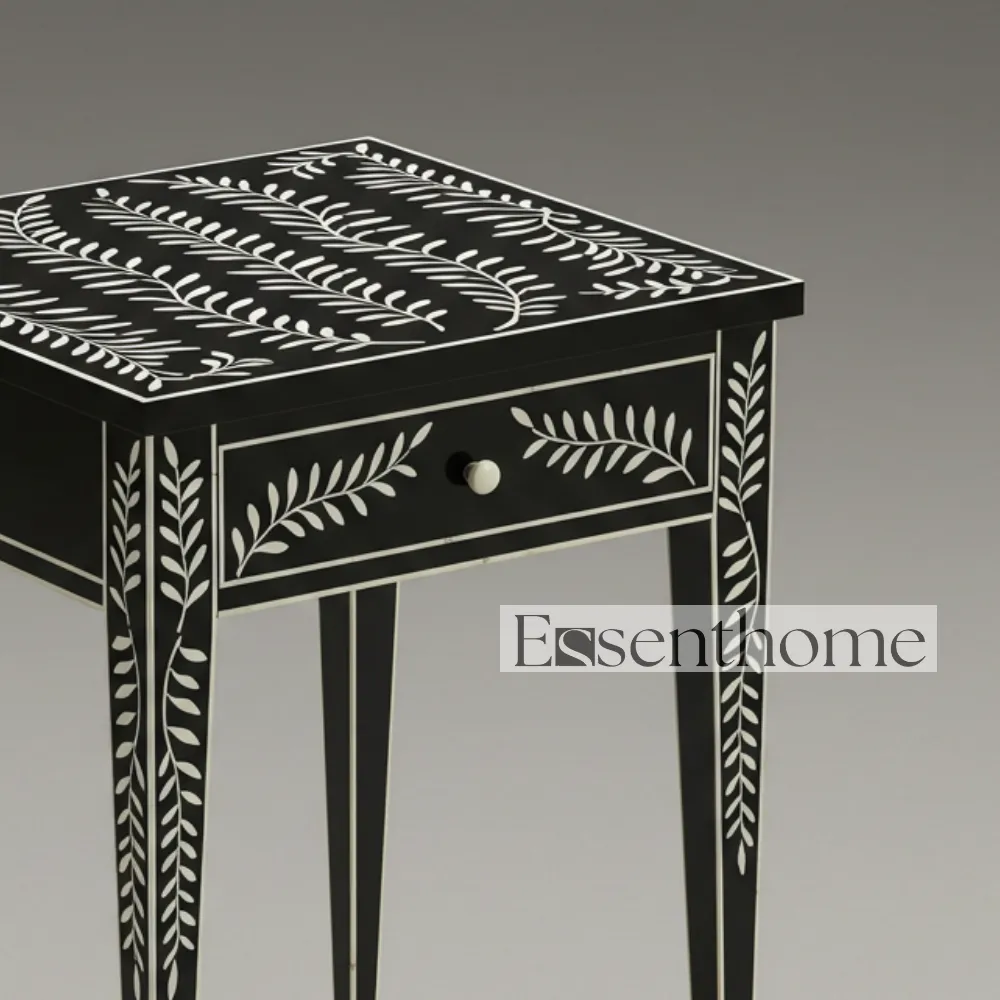 Black & White Bone Inlay Stool with Drawer – Handcrafted - Image 3